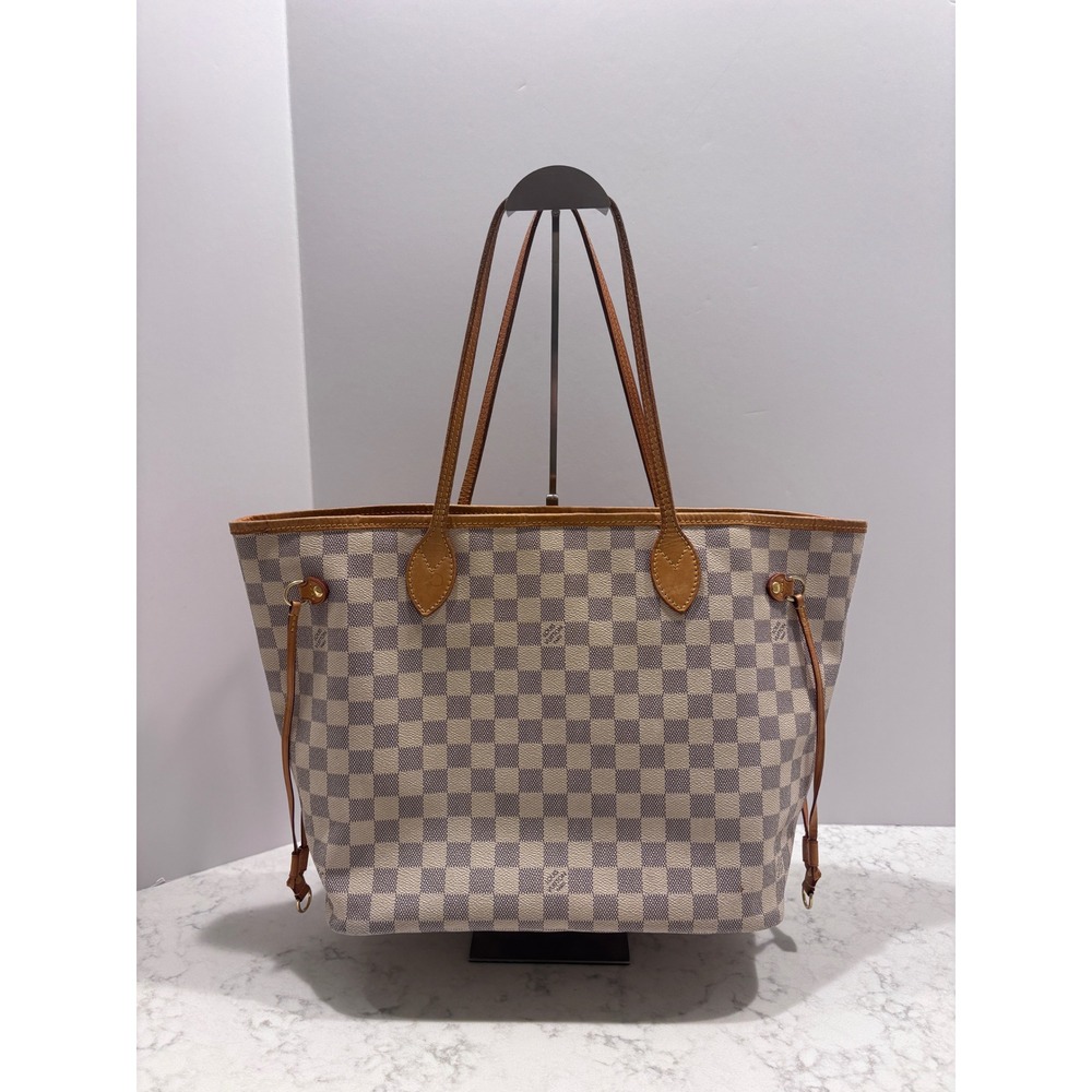 Louis Vuitton Neverfull MM Damier Azur Canvas Tote Bag White Blue Shoulder Bag - Picture 6 of 16